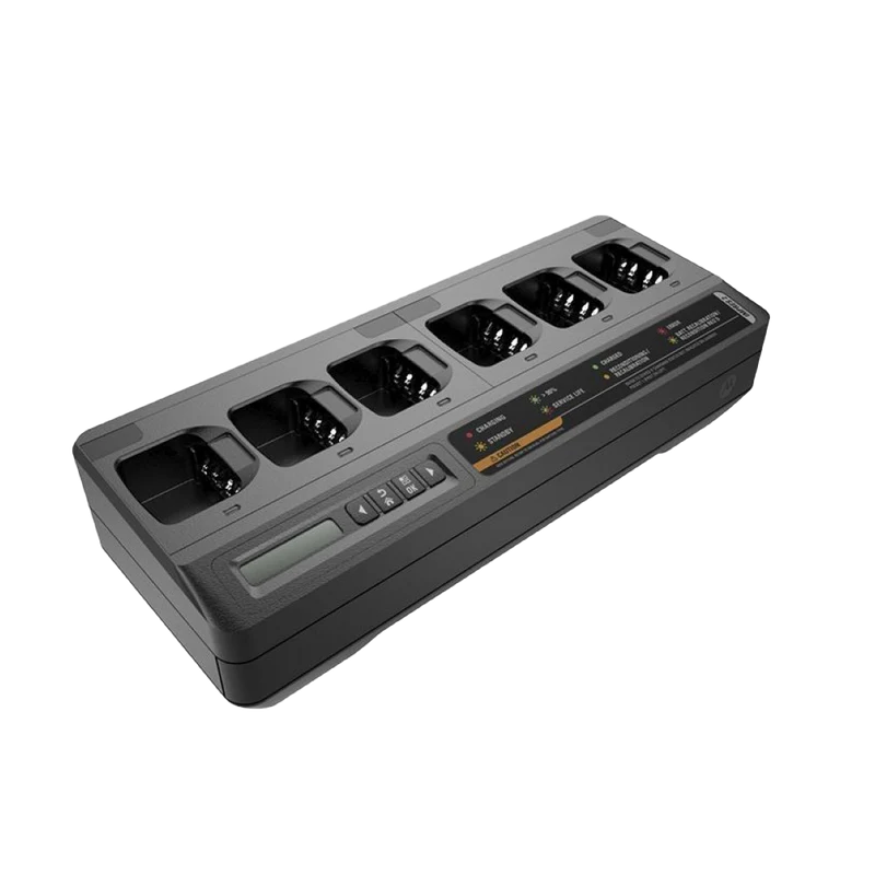 Motorola PMPN4284 Multi-Unit Charger A black Motorola PMPN4284 multi-unit charger with four different charging ports for various XPR and APX Series devices.